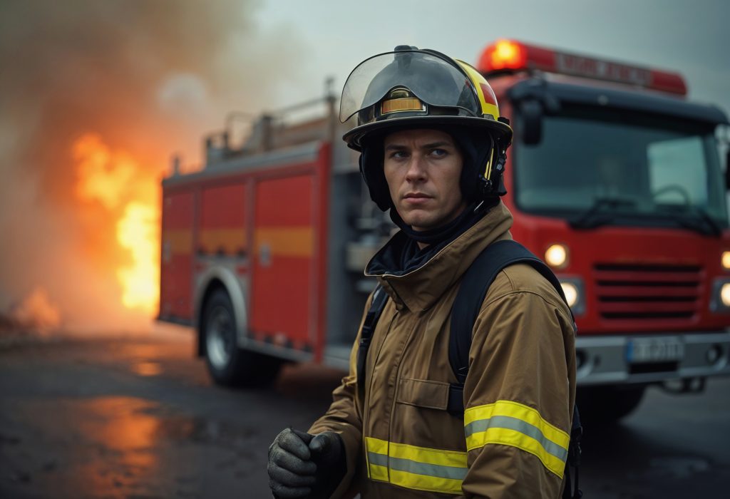Firefighter in protective gear in front of a fire engine