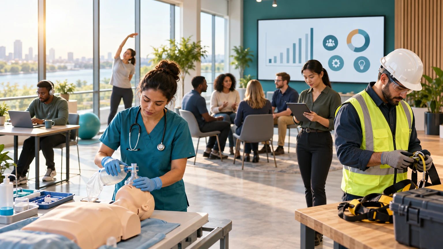 Learners on different courses in one training room: CPR practice on a manikin, a site worker checking a safety harness, a group discussion and a learner at a laptop