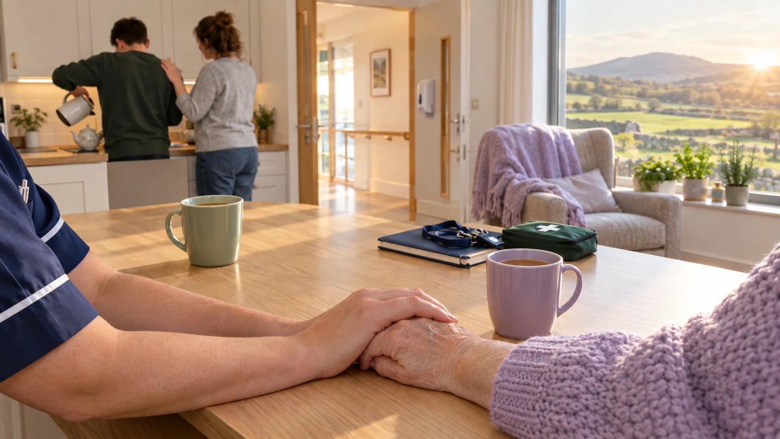 A carer's hand resting on an older person's hand at a kitchen table, with two people making tea behind them and green hills through the window